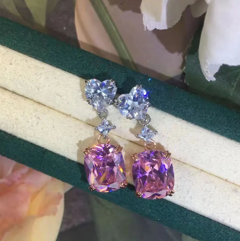 

ANGLANG Luxury Heart/ Square Shape Cubic Zirconia Dangle Earrings Women Pink Simple Elegant Earrings Wedding Trendy Jewelry
