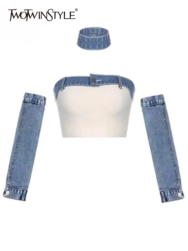 

TWOTWINSTYLE Patchwork Denim Detachable Tank Top For Women Strapless Long Sleeveless Slimming Tunic Vest Female Fashion Clothing