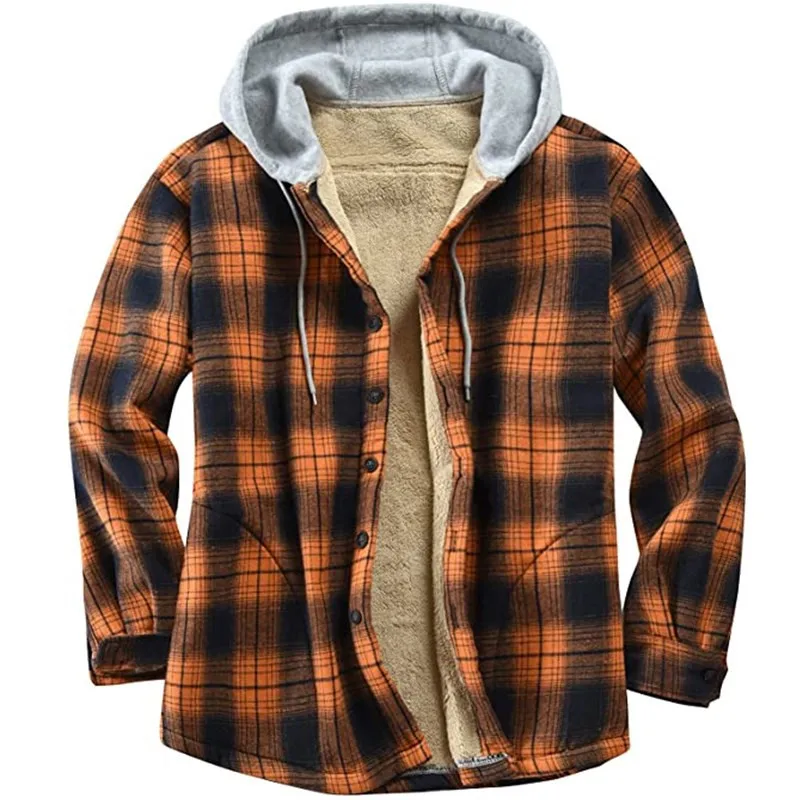 Men's Fleece Plaid Flannel Shirt Jacket Button Up Casual Cotton Jacket Thicken Warm Spring Work Coat Sherpa Hooded Outerwear Top
