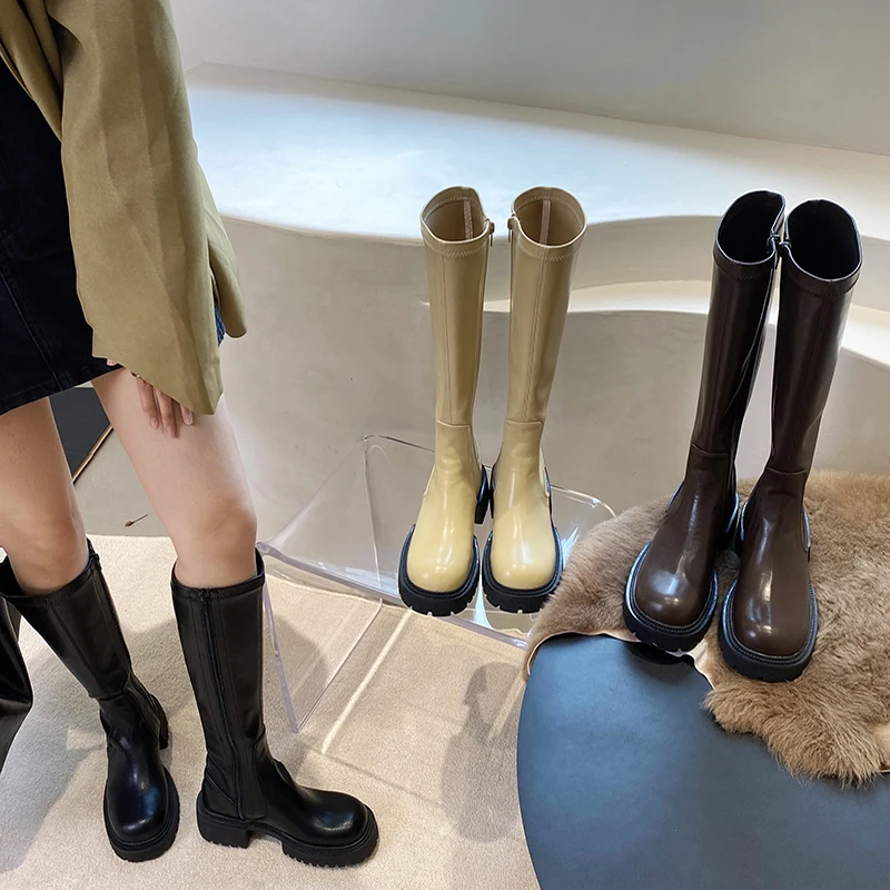 

2022 New Shoes Fashion Modern Women Boots Zippers Outdoor Female Casual Thick Soled Shoes Round Toe Long Ladies Knee High Boots