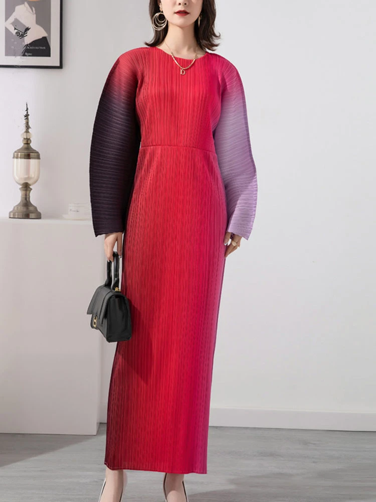 

Miyake Pleated Gradient Dress Women Round Neck Long Dresses Female Elegant Festival Clothing Fall 202 Winter Fashion