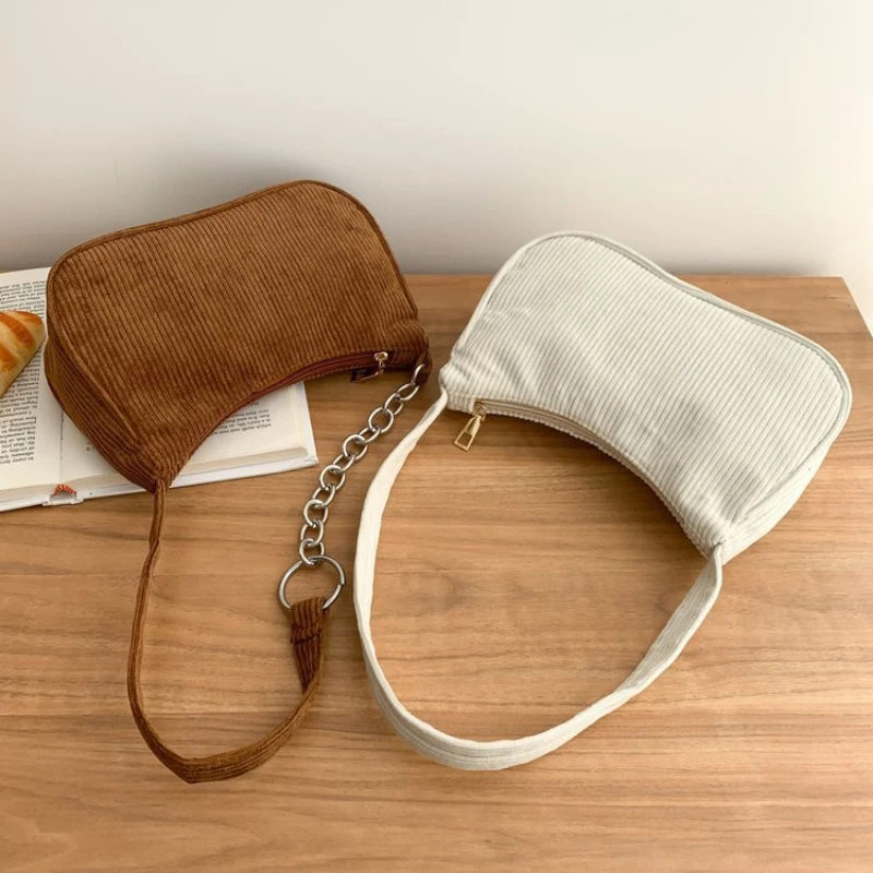 2022 Fashion Vintage Women Handbags Corduroy Underarm Bag Casual Women Shoulder Bags Solid Color Zipper Female Handbag Clutch