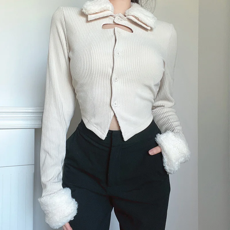 

Women's Cardigan Girl Slim Single Breasted Wool Stitching Lapel Irregular T-shirt