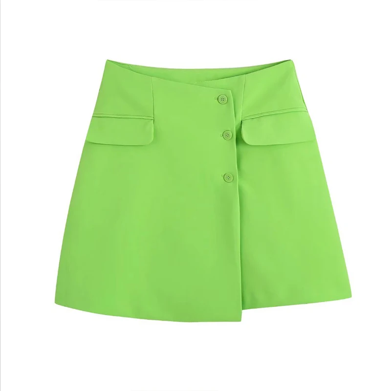 

2022 Summer Women Fashion Mini Skirts Solid Buttons Pockets Split Female Sweet Street A-Line Skirt Clothes