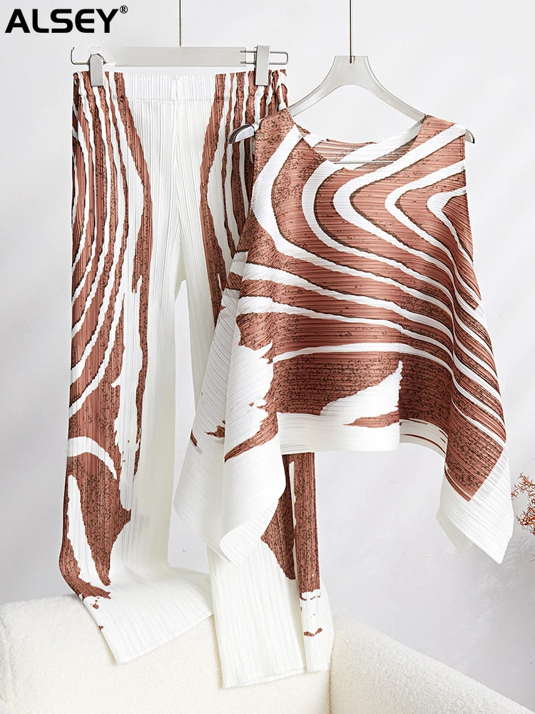 

Женский плиссированный костюм ALSEY Miyake из двух предметов, топ без рукавов с круглым вырезом и свободные прямые брюки с широкими штанинами, лето 2023