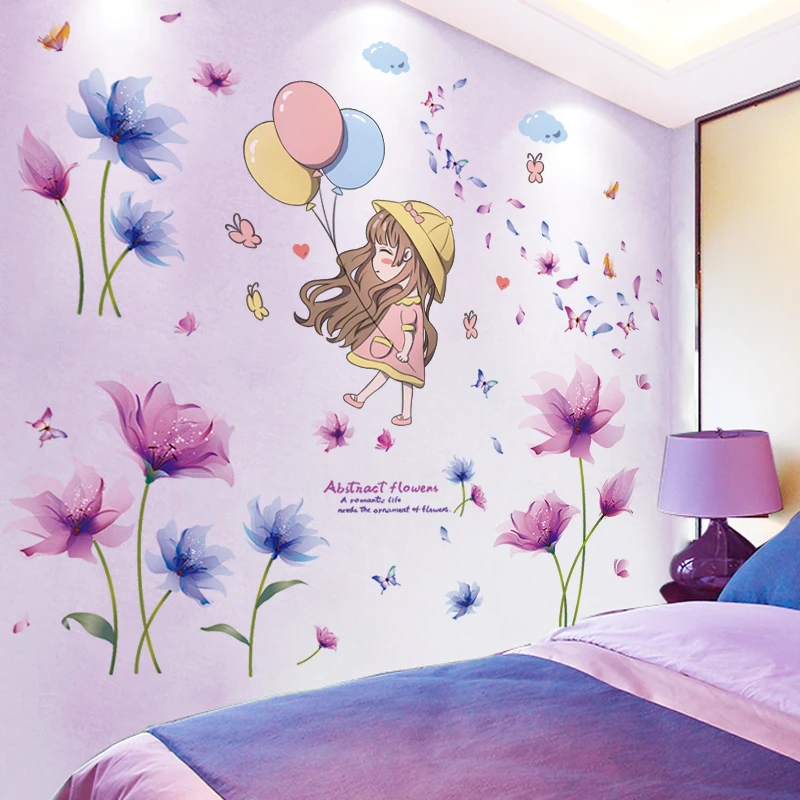 

[shijuekongjian] Cartoon Girl Wall Stickers DIY Flowers Plants Mural Decals for Kids Bedroom Living Room Nursery Home Decoration