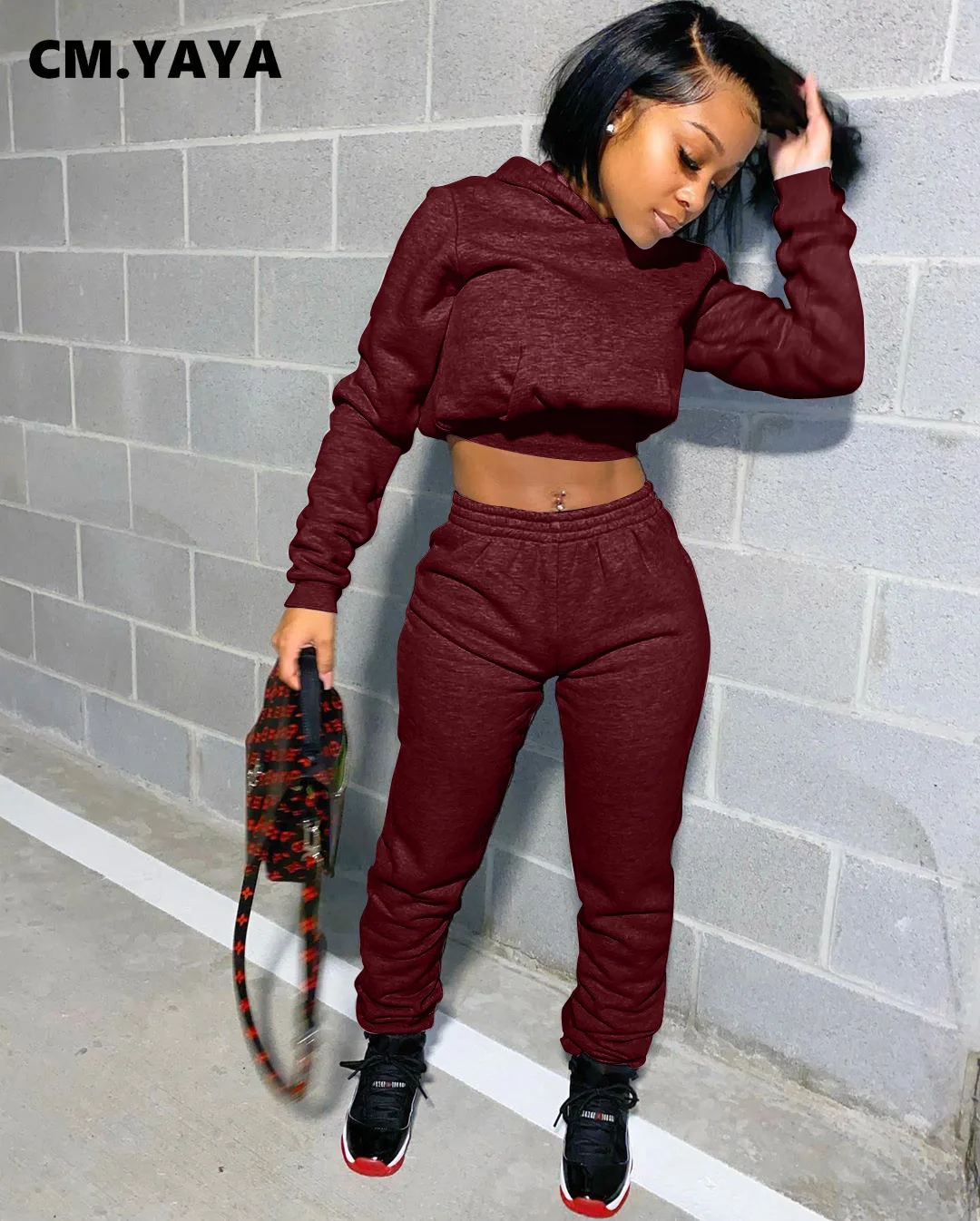

Спортивная одежда CM.YAYA, Однотонный женский комплект, короткие толстовки, топы, джоггеры, брюки, спортивный костюм, спортивный костюм для фит...