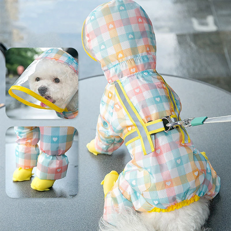 Pet Dog Raincoat  plaid raincoat traction rope big brim pet poncho four-legged all-inclusive small dogs reflective clothes