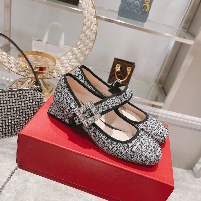 Thick Heel Mary Jane Shoes Women's Square Head Patent Leather Single Shoes Retro Rhinestone Buckle Women's Shoes