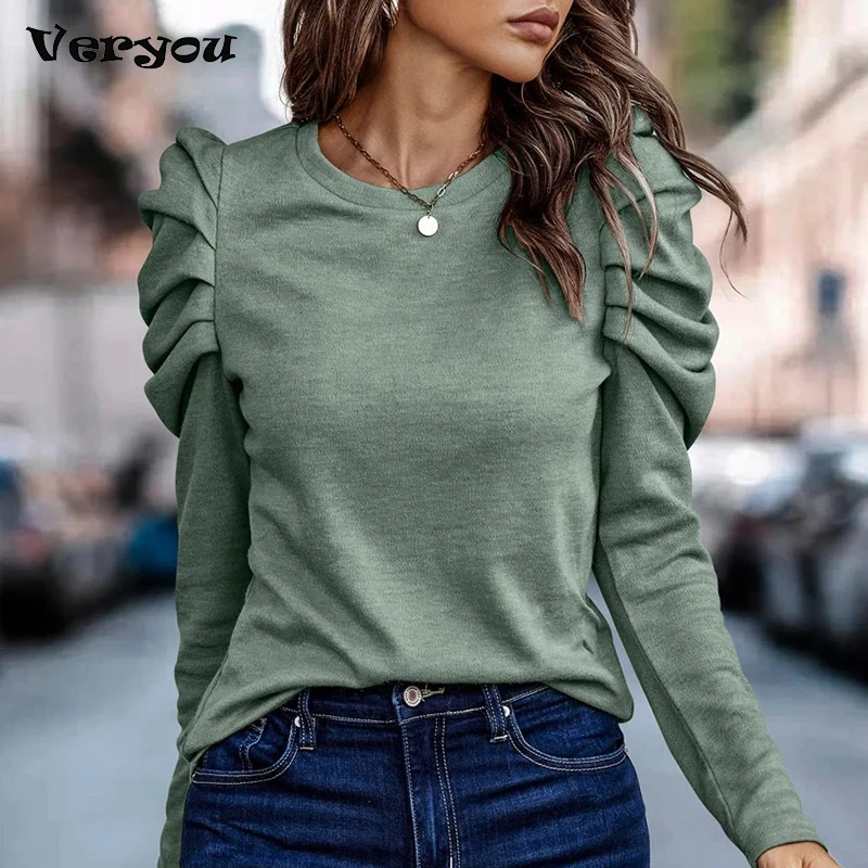 

Women's Clothing Autumn Winter New Round Neck Bubble Sleeve Button Long Sleeve Tees Solid Loose Folds Fashion Casual Y2k Tops