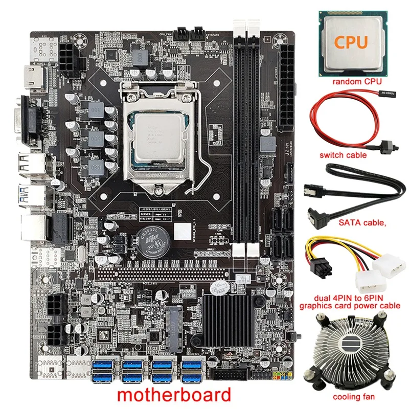 

8 Card B75 BTC Mining Motherboard+CPU+Fan+Power Cable+Switch Cable+SATA Cable 8 USB3.0 (PCIE) LGA1155 DDR3 RAM SATA3.0