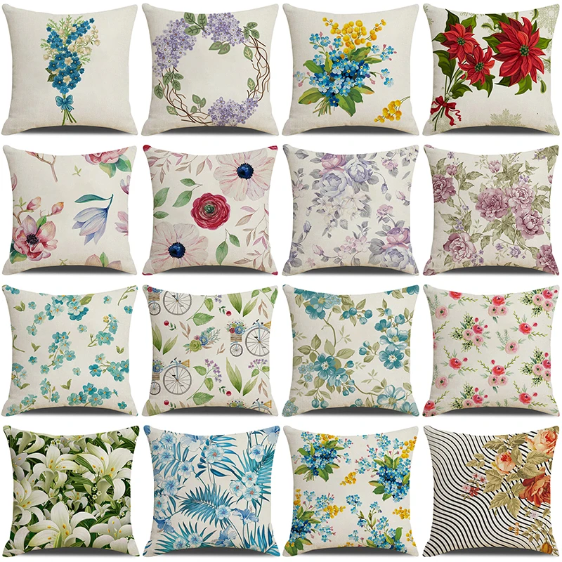 

Living Room Sofa Decorative Floral Pillow Case 45x45 Colorful Flowers Printed Linen Pillowcase Home Decor Cushion Cover For Seat