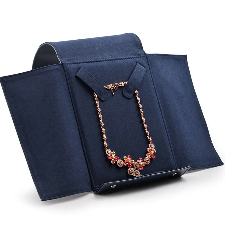 Retro Blue PU Leather Necklace Organizer Bag With Microfiber 17.5X24X2.3Cm Jewelry Display Bag For Women