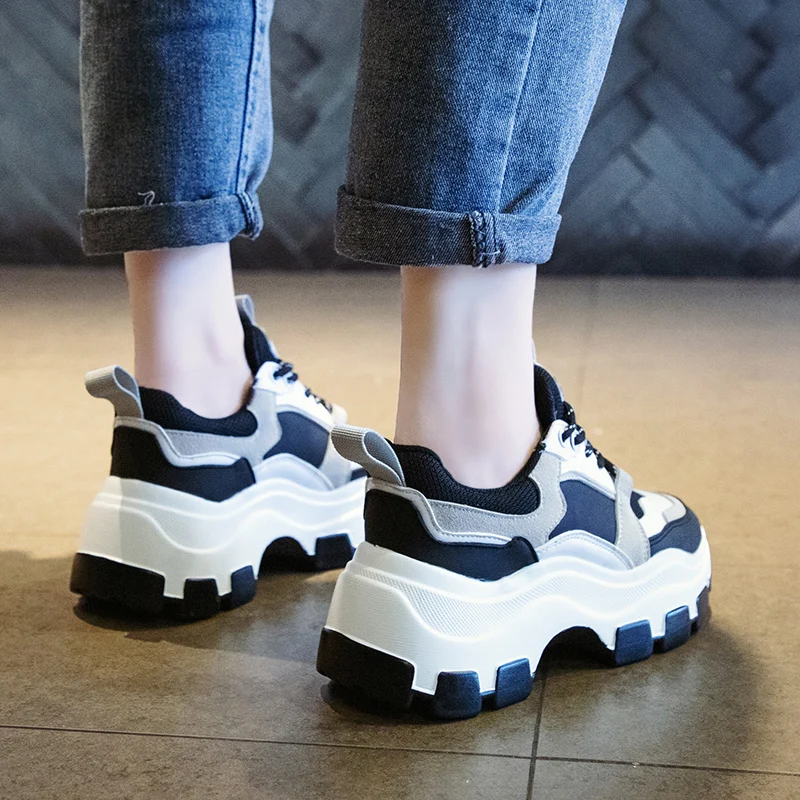 Women Chunky Sneakers Vulcanize Shoes Korean Fashion Female Black White Platform Thick Sole Casual Dad Shoes Woman Sneakers 8cm