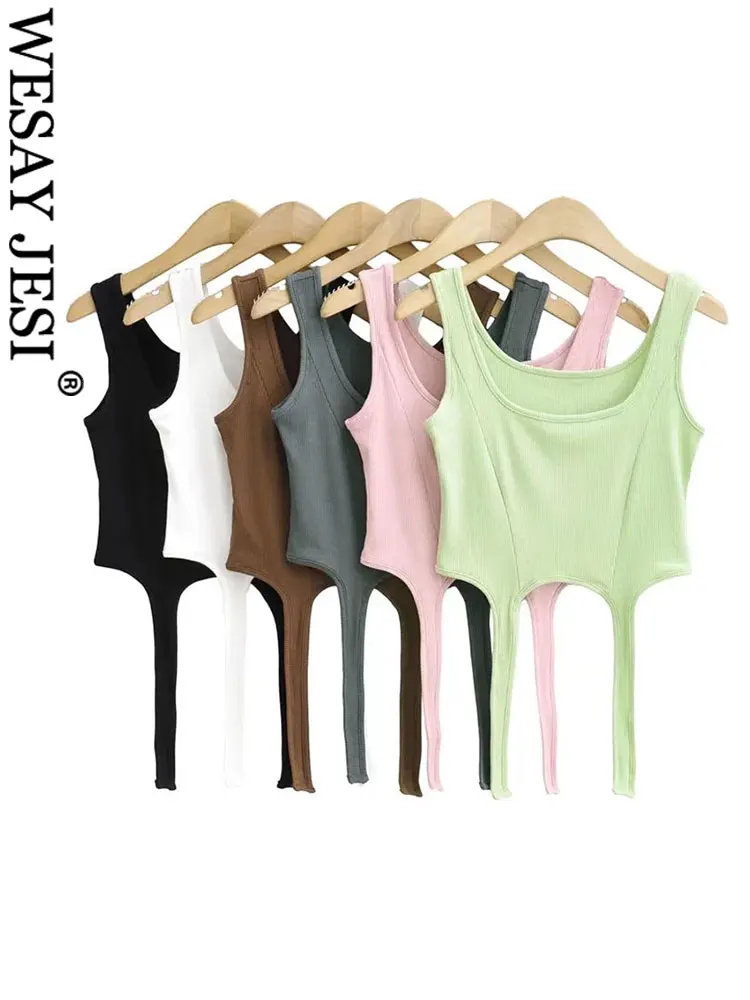 

WESAY JESI Ladies Summer Stitching Square Neck Tank Top Sleeveless Solid Knitted Soft Skin Friendly Slim Hem Double Strips Vest