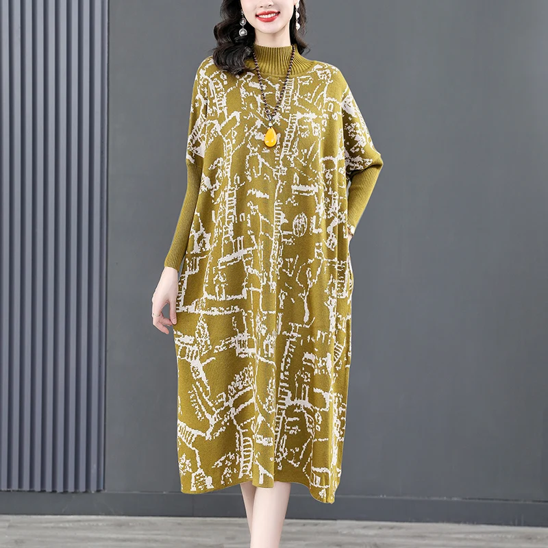 

Autumn Winter Yeilow Floral Knitted Midi Dress Women Black Korean Vintage Sweater Dress 2022 New Thick Warm Elegant Vestidos