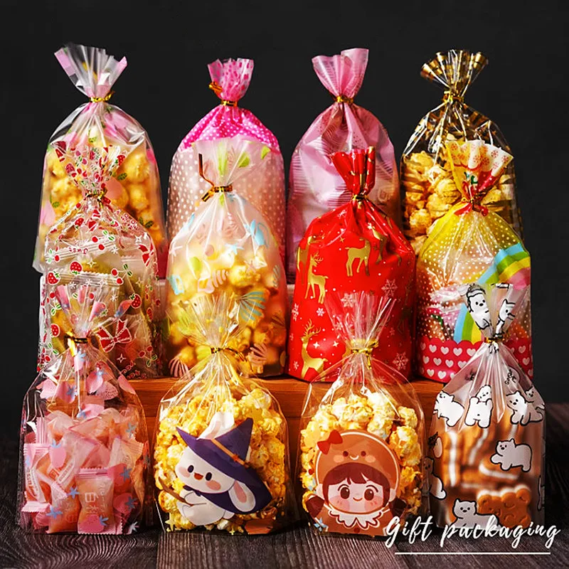 

100PCS Bags + Gold Ties Open Top Plastic Gifts Packaging Bag Xmas Birthday Wedding Festival Snack Sugar Bread Biscuit Pouches