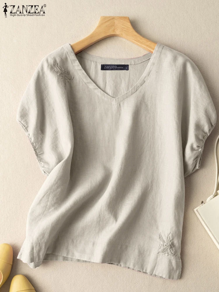 

2022 Summer Women V Neck Short Sleeve Blouse ZANZEA Elegant Floral Embroidery Shirt Female Party Blusas Casual Solid Tunic Tops
