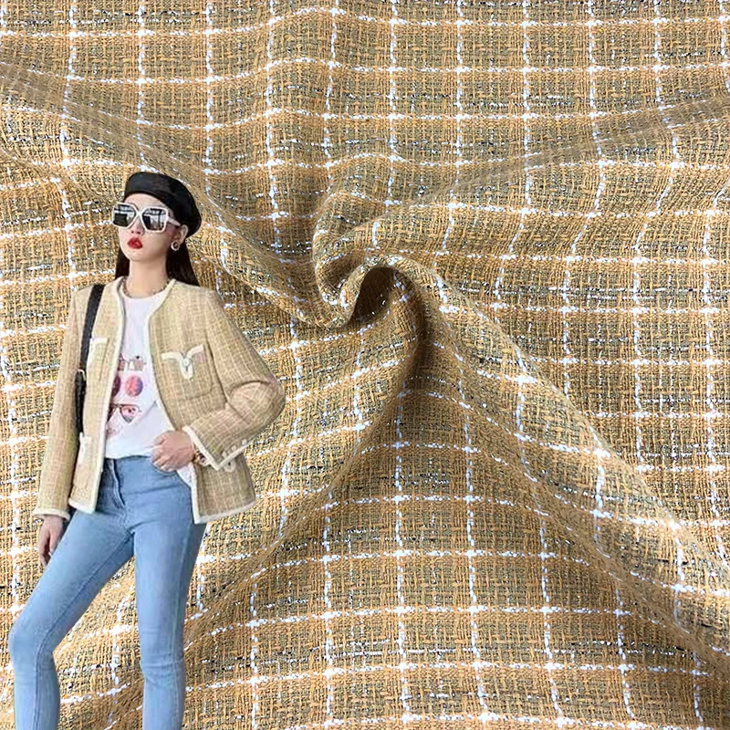 

50x145cm Yellow And White Lattice Yarn-Dyed Tweed Fabric For Woman Autumn Jacket Dress Suits Coat Skirt DIY Cloth Sewing