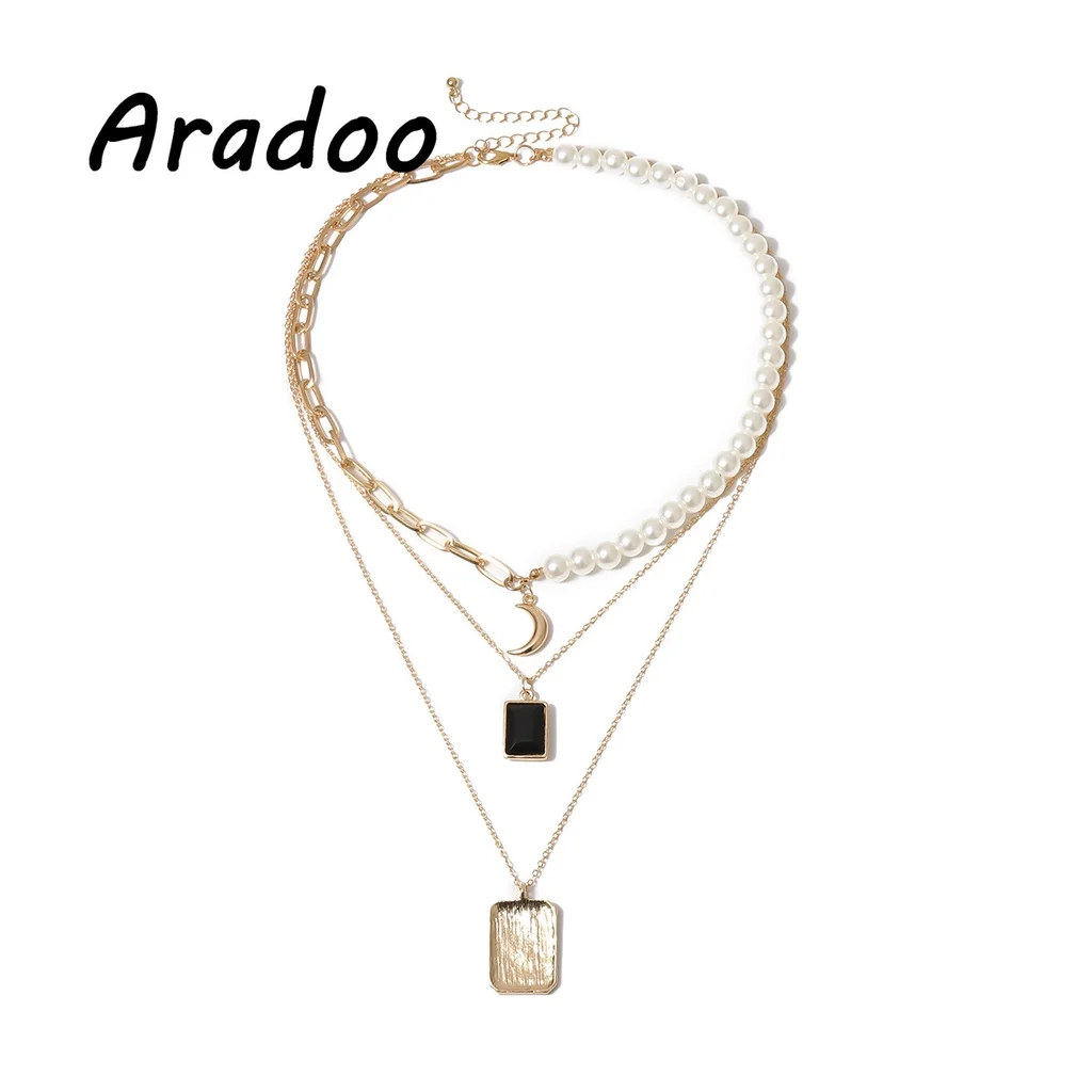

ARADOO Temperament Pearl Gemstone Pendant Light Luxury Fashion Retro Simple Pearl Crescent Gemstone Necklace