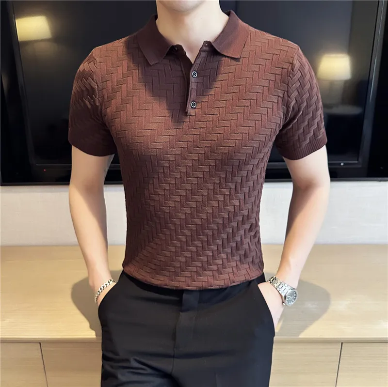 

Летняя тонкая дышащая клетчатая трикотажная рубашка-поло с коротким рукавом для мужчин, деловая офисная Повседневная эритроткань 2023 из ледяного шелка
