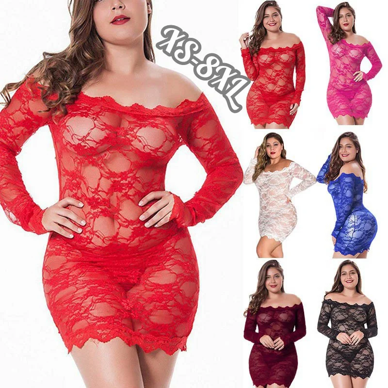 

Womens Plus Size Sexy Lingerie Chemise Lace Babydoll See Through Bodysuit Lingerie Nightgowns Off The Shoulder Nightdress