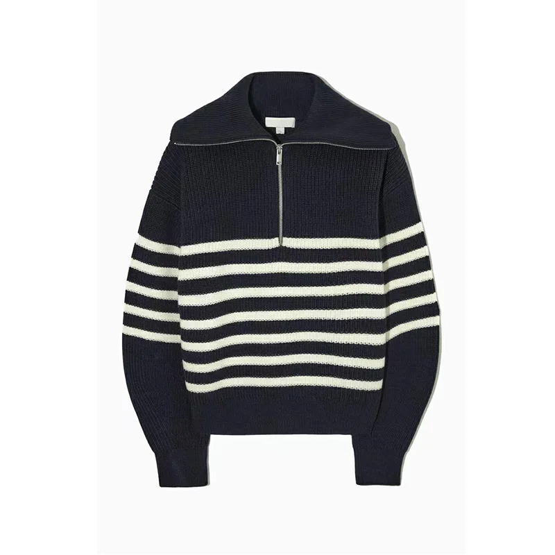 Lapel Wool Blend Striped Knitwear Zippers Jumper Soft Comfortable New Ladies Lantern Sleeve Loose-fitting Casual Top SweaterV