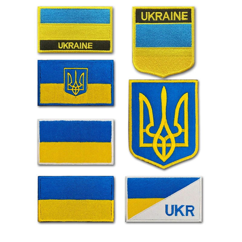 Ukraine Embroidered Patches Trident Gold Hook and Loop Ukrainian National Emblem Shield Shape Badge Tactical Ukr Flag Backpack