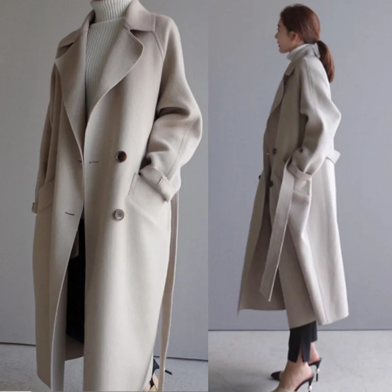 

New Women Solid Coat Female Long Sleeve Casual Fashion Jackets Ladies Long Windbreaker Wool Coat Jacket Blends A427