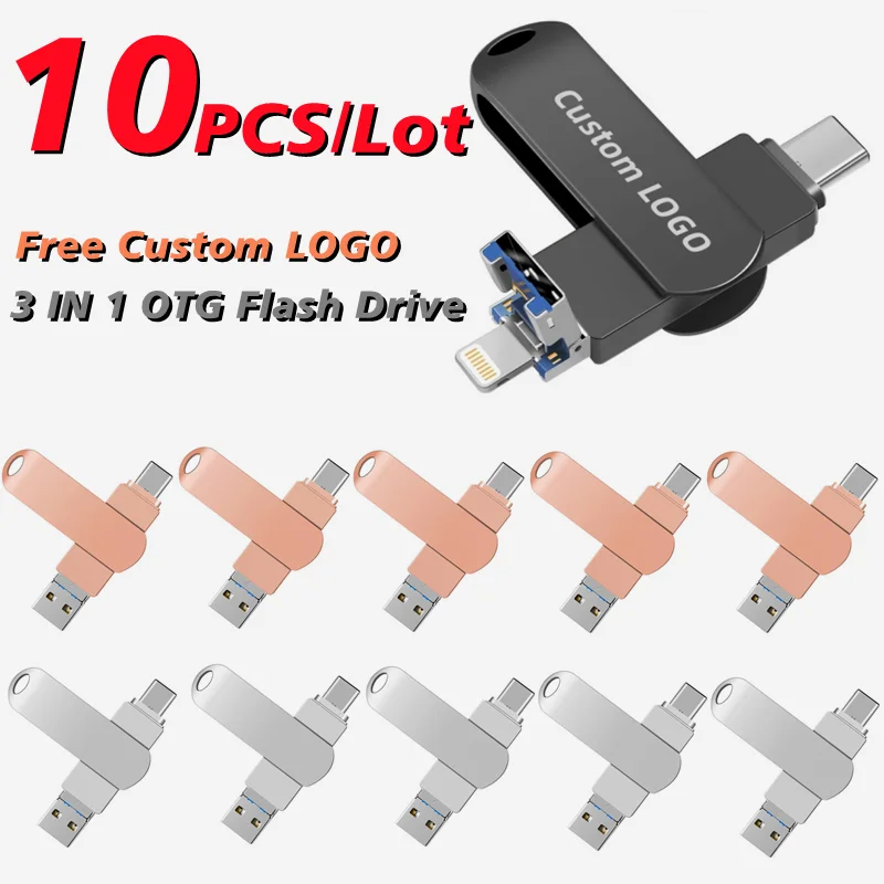 Free Shipping 10PCS/Lot Free Custom LOGO 3 IN 1 Metal  OTG Flash Drive USB3.0+Type-C+iPhone 128GB 64GB 32GB 16GB Memory Stick