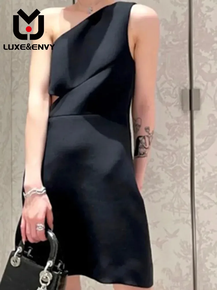 

Роскошное элегантное платье Люкс & ENVY черного цвета с косым плечом, Новинка лета, пикантная облегающая юбка в западном стиле, чистый Desire, осень 2023