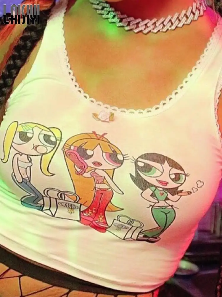 

Кружевной женский топ без рукавов, с мультяшным рисунком