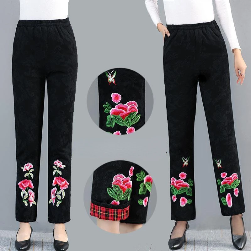 

2022 Autumn Winter Middle Aged Women Casual High Elastic Waist Wide Leg Pants Female Printed Thick Long Straight Trousers A91