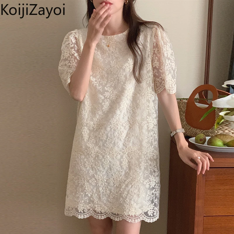 

Koijizayoi Elegant Women Lace Straight Midi Dress Fashion Office Lady Short Sleeves O Neck Chic Korean Dresses Sweet Vestidos