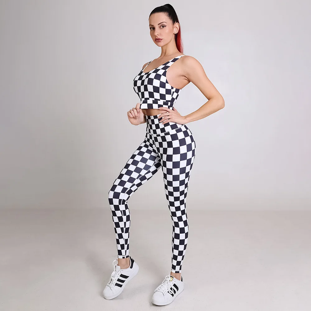 

CXUEY Professional Run Training Two Piece Set Workout Fitness Clothing Women Printed Yoga Wear Underwear Set Sport Outfit Black