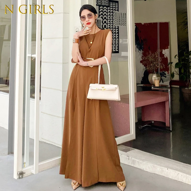 

N GIRLS Summer Korean Casual Vintag Beach Holiday Loose Jumpsuits Women OL Sexy Sleeveless Sashes Party Split Long Jumpsuits