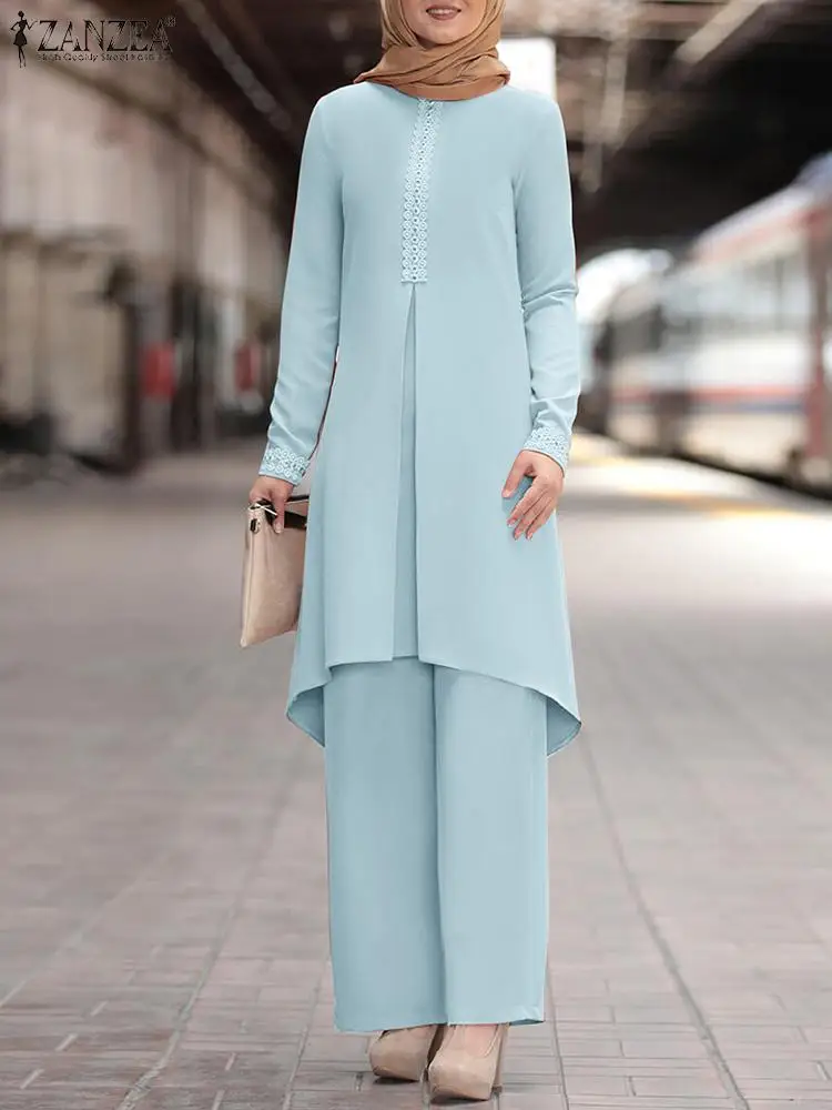 

Элегантные подходящие комплекты ZANZEA, женская рубашка с длинным рукавом и широкие брюки, мусульманский костюм, спортивные костюмы, повседневные брюки, комплекты