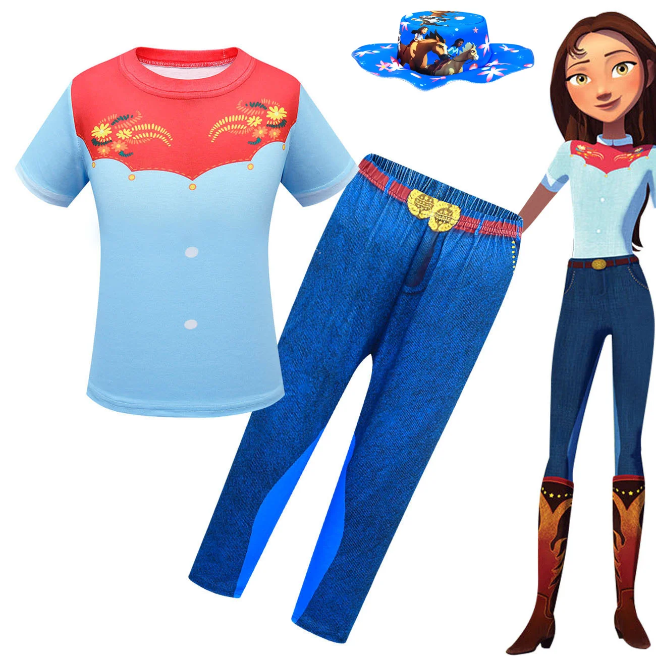 

Girls Spirit Riding Free Outfits Cosplay Pony Cartoon King Children Casual Clothes Set Bubble Sleeve Top Trousers Suit with Hat