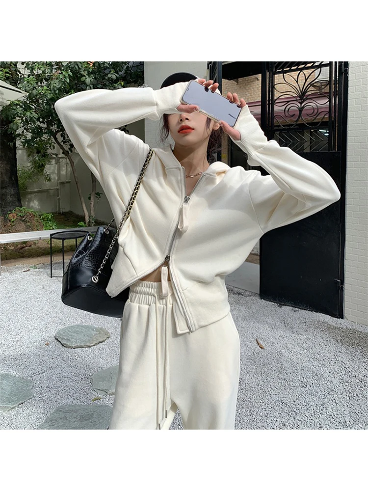 Women's Solid Casual Two Piece Set Cropped Hooded Sweatshirts +Elastic Waist Pants Tracksuits Female Sports Suit Autumn 2022