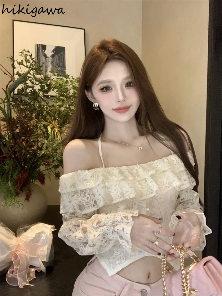 Женская кружевная блузка с вырезом лодочкой летняя расклешенными рукавами