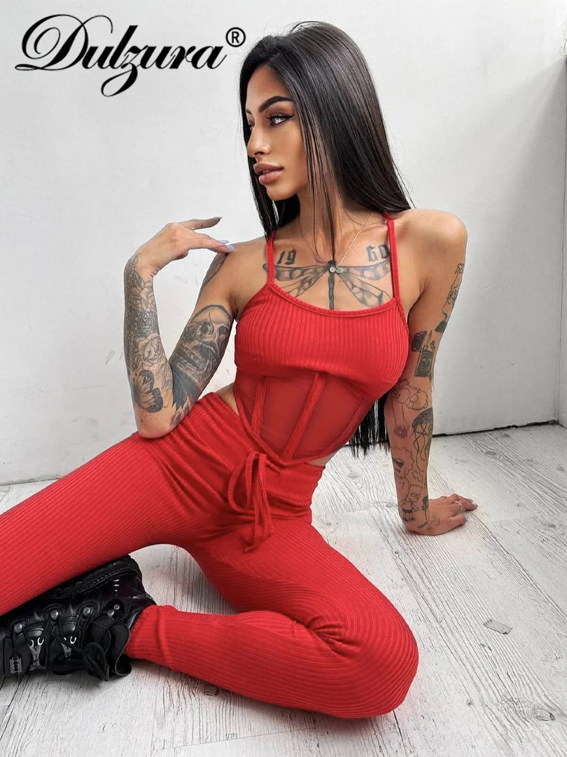 

Dulzura Sexy Outfits 2 Piece Sets Lace Up Sleeveless Backless Crop Top High Waist Skinny Matching Suit For Women 2022 Streetwear