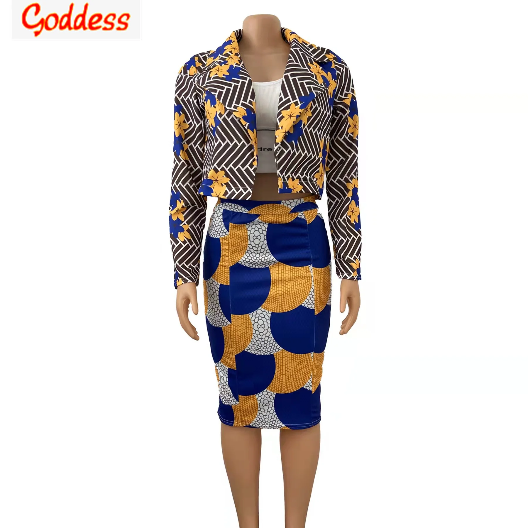 GODDESS 2022 Spring Women's Print Short Suit Jacket + Temperament Package Hip Sexy Skirt 2-piece Temperament Fashion Office Suit