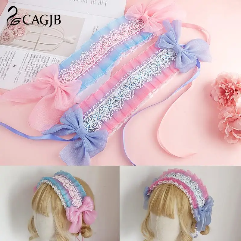 

Кружевные головные уборы для девочек с оборками многослойные кружева с длинной лентой бант Украшение повязка горничная Аниме Лолита украш...