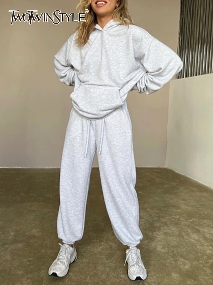 

TWOTWINSTYLE Solid Two Piece Sets For Women Hooded Long Sleeve Sweatshirt High Waist Loose Pant Casual Set Female Fashion 2023