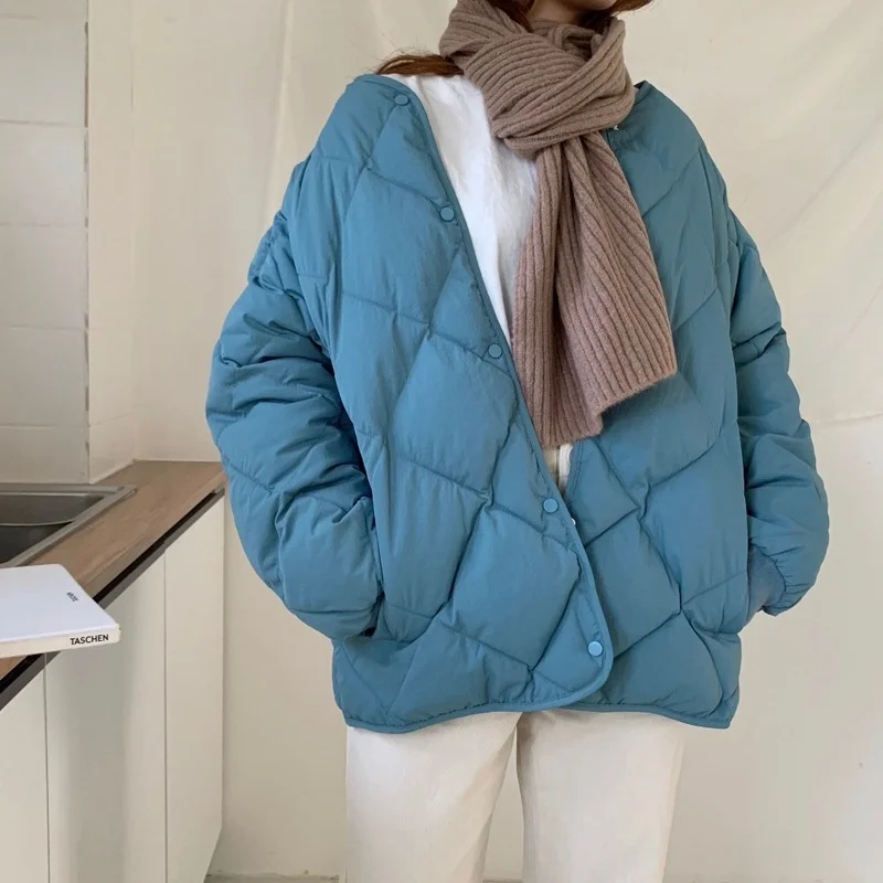 Winter Ladies 2021 New Fashion Down Cotton Jacket Pure Color Simple Diamond Lattice Warm Cotton Jacket Casual Women's Clothing