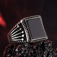 popular black square cubic zircon mens open adjustable ring engraving silver color crown pattern for party jewelry