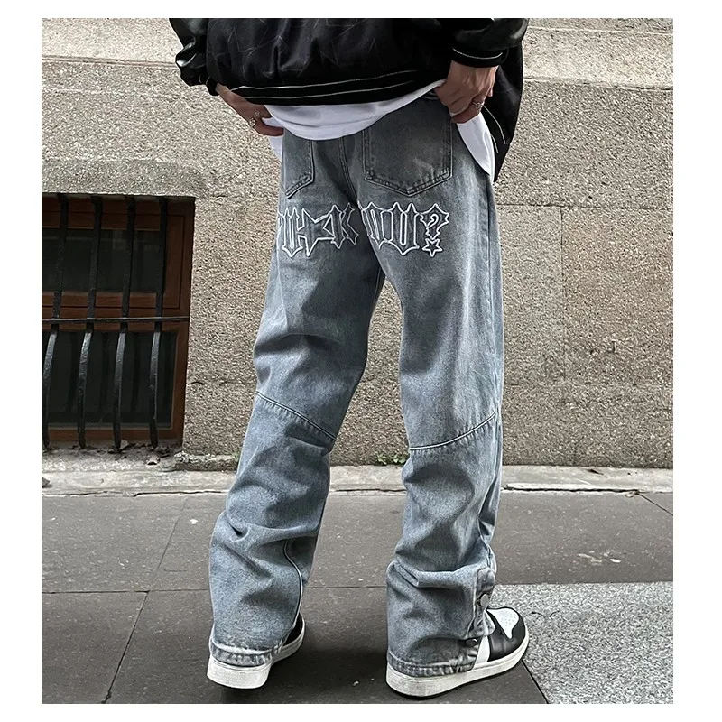 Blue  Embroidered  Button Slit Men Jeans Straight Women Men's Fashion Leg Baggy Vintage Casual Pants Hip Hop Y2k Man Trendyol
