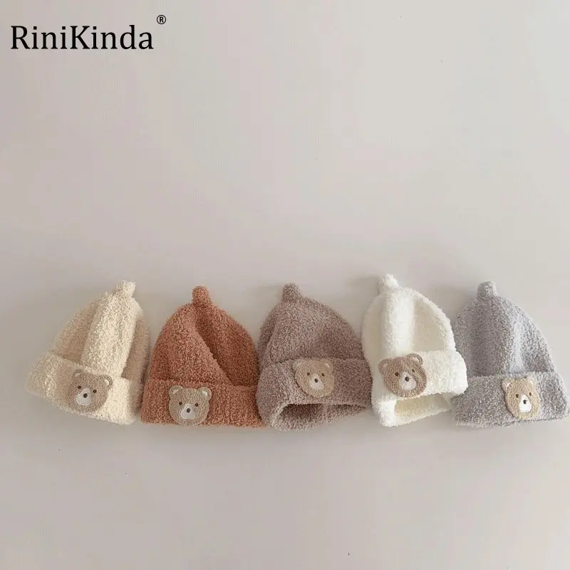 

RiniKinda 2022 Cute Cartoon Style Warm Cotton Hat Winter Soft Warm Knitted Boy Girl Hats Solid Color Infant Toddler Kids Caps