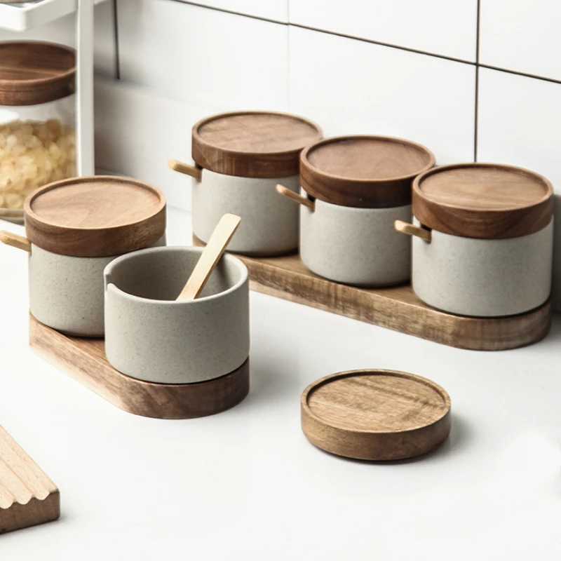 

Kitchen Ceramic Seasoning Jar with Wooden Lid and Spoon Salt Pepper Bottle Storage Organization Food Container Kitchen Supplies