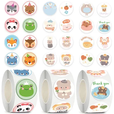 

500 шт., круглые наклейки с мультяшными животными и надписью «Thank You»